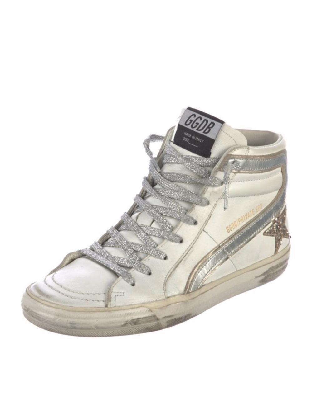Golden Goose White & Silver High-Top Sneaker with Glitter Laces